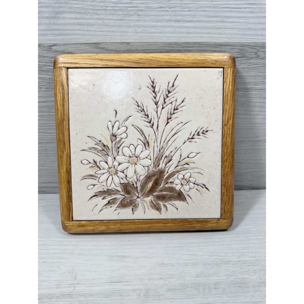 Ceramic Tile Trivet Oak Wood Frame Floral Daisy Wheat Boho Cottagecore